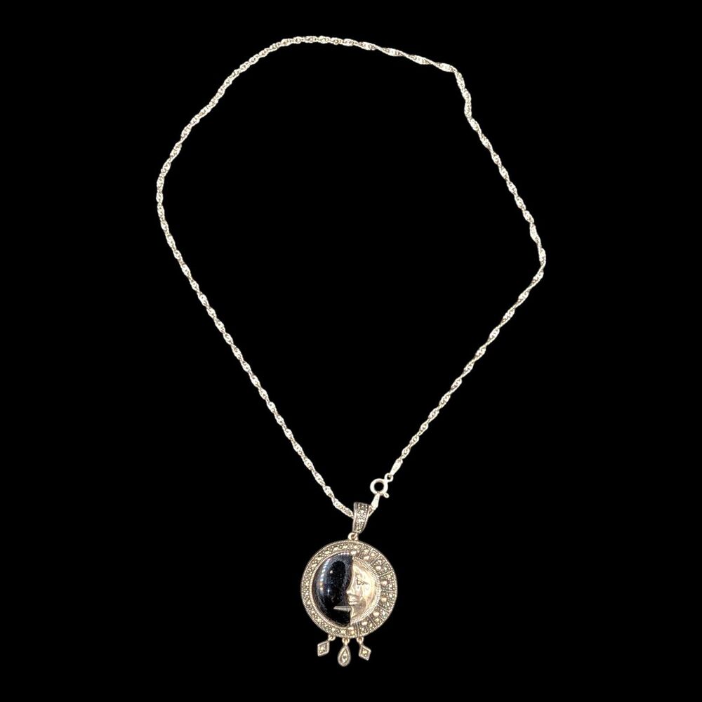 Vintage Sterling Silver Onyx Marcasite Moon Face Pendant w/ Sterling Chain